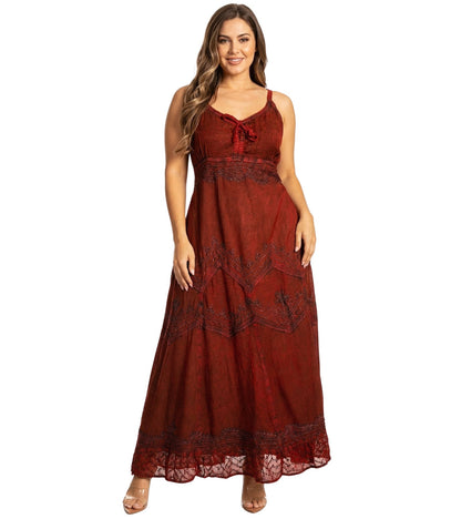 Sakkas Stonewashed Rayon Embroidered Adjustable Spaghetti Straps Long Dress