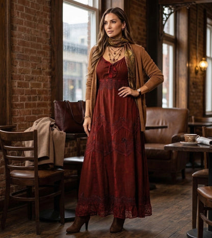 Sakkas Stonewashed Rayon Embroidered Adjustable Spaghetti Straps Long Dress