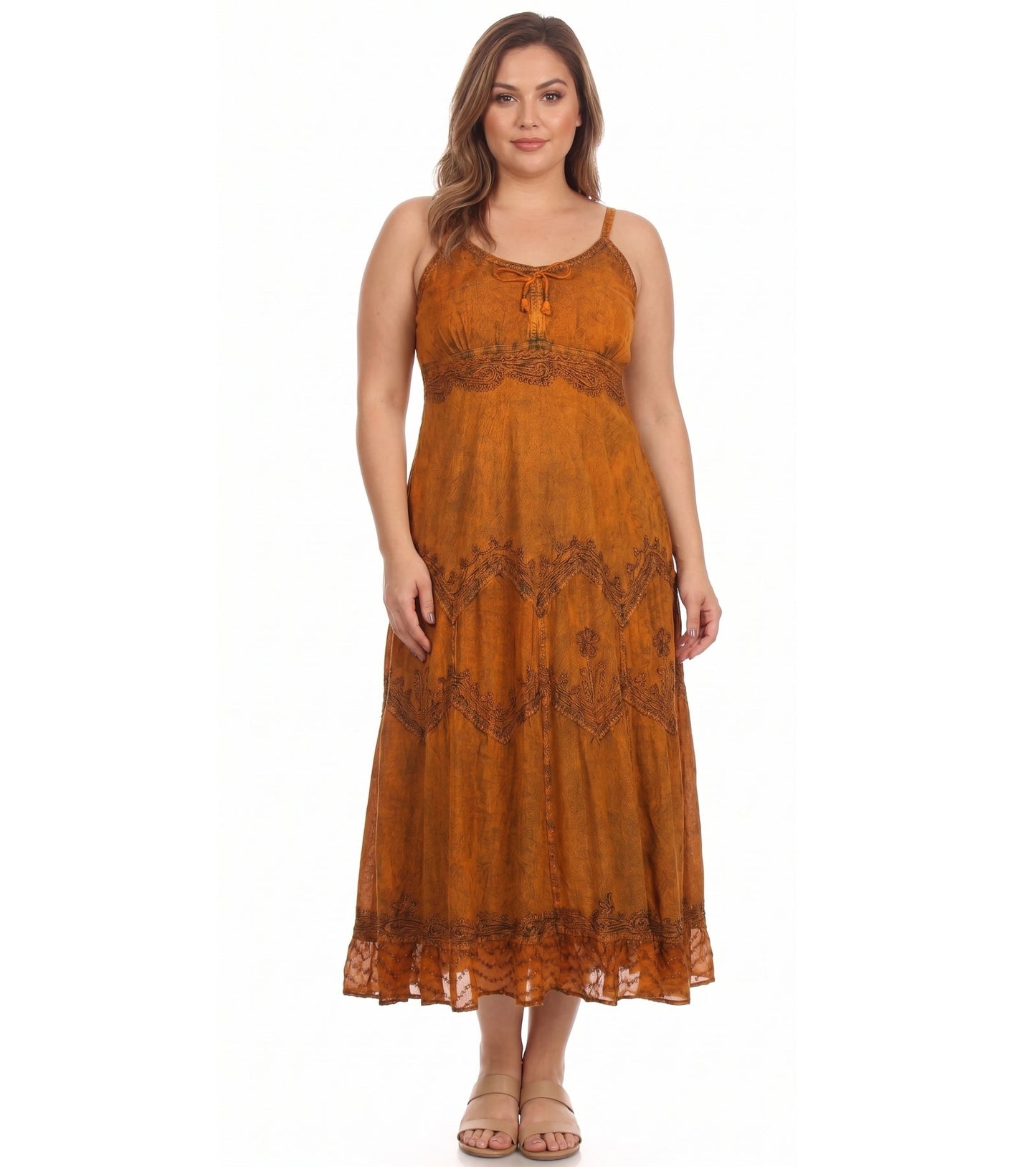 Sakkas Stonewashed Rayon Embroidered Adjustable Spaghetti Straps Long Dress