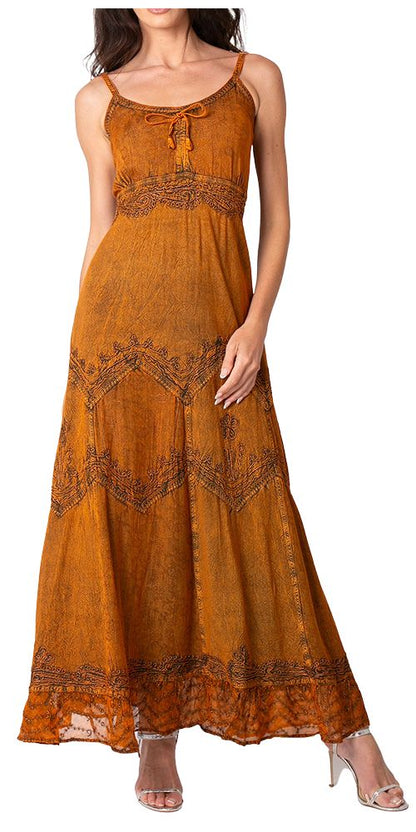 Sakkas Stonewashed Rayon Embroidered Adjustable Spaghetti Straps Long Dress