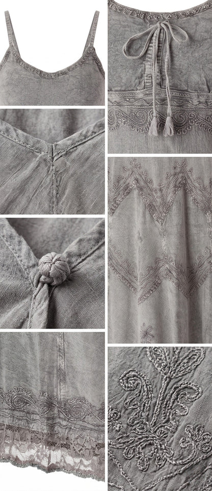 Sakkas Stonewashed Rayon Embroidered Adjustable Spaghetti Straps Long Dress