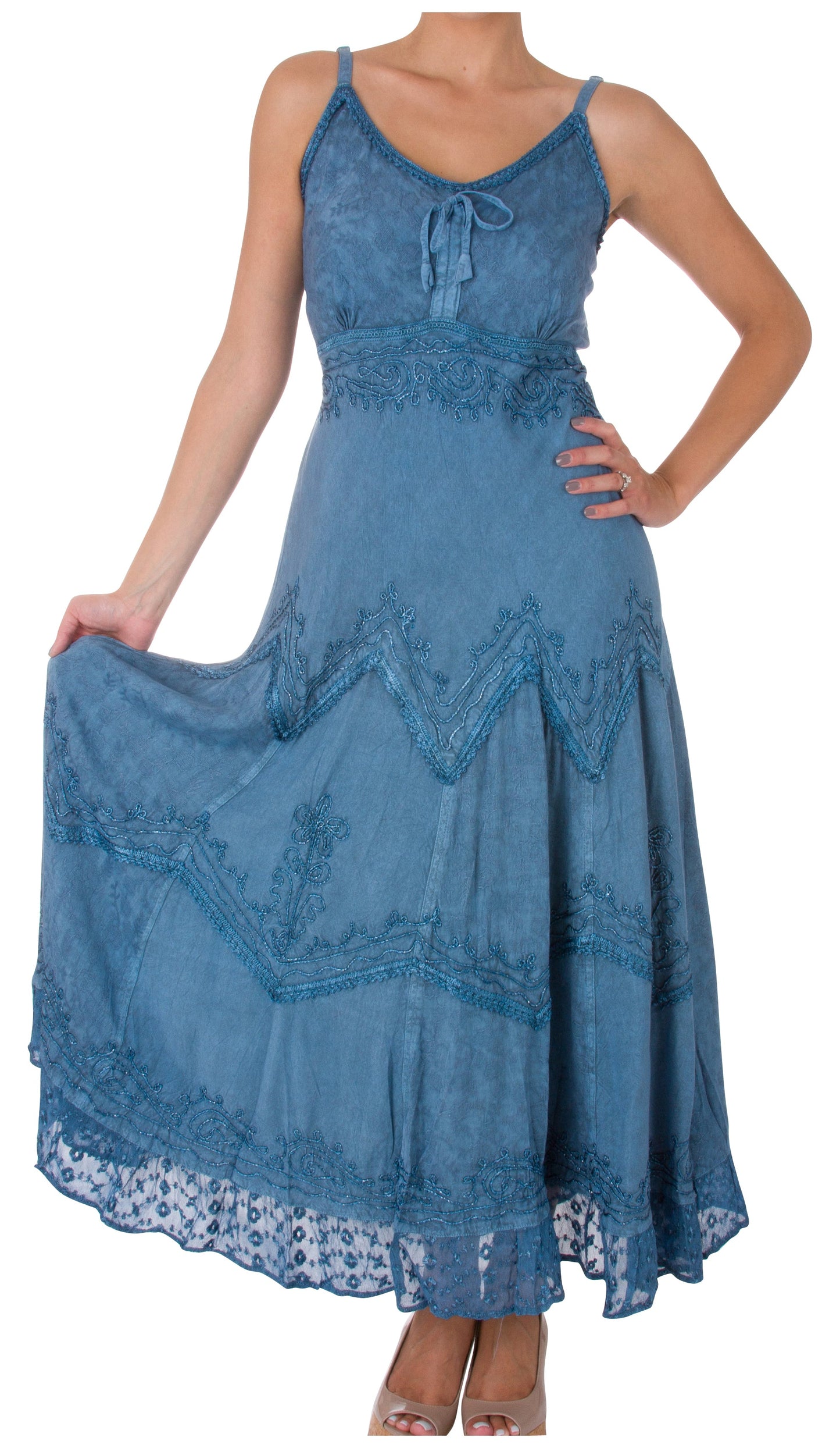 Sakkas Stonewashed Rayon Embroidered Adjustable Spaghetti Straps Long Dress