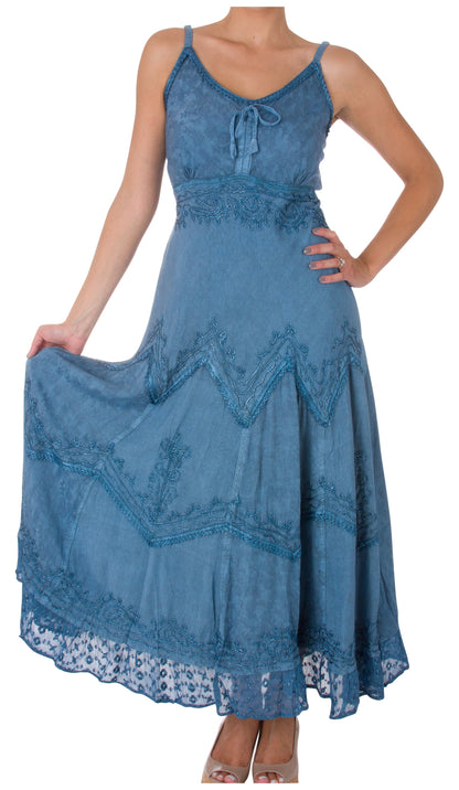 Sakkas Stonewashed Rayon Embroidered Adjustable Spaghetti Straps Long Dress