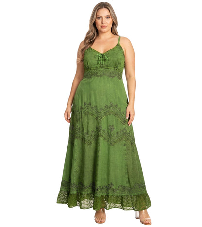 Sakkas Stonewashed Rayon Embroidered Adjustable Spaghetti Straps Long Dress