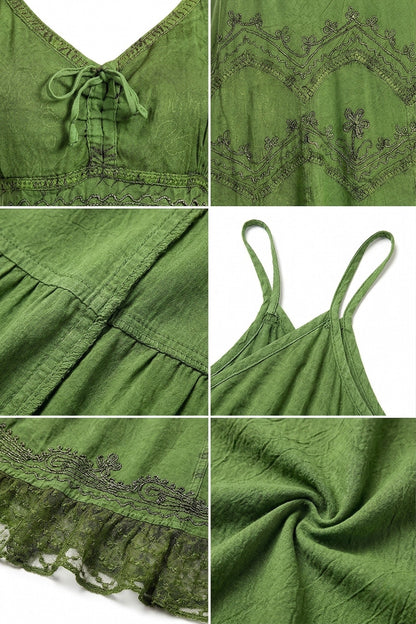Sakkas Stonewashed Rayon Embroidered Adjustable Spaghetti Straps Long Dress