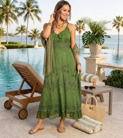 Sakkas Stonewashed Rayon Embroidered Adjustable Spaghetti Straps Long Dress