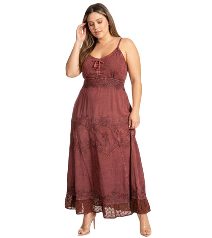 Sakkas Stonewashed Rayon Embroidered Adjustable Spaghetti Straps Long Dress