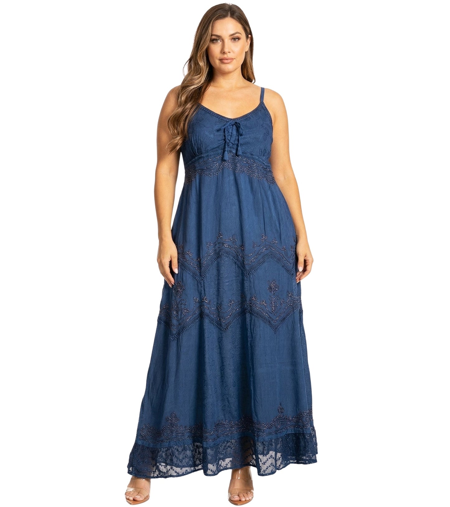 Sakkas Stonewashed Rayon Embroidered Adjustable Spaghetti Straps Long Dress