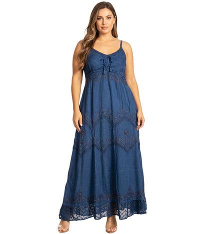 Sakkas Stonewashed Rayon Embroidered Adjustable Spaghetti Straps Long Dress