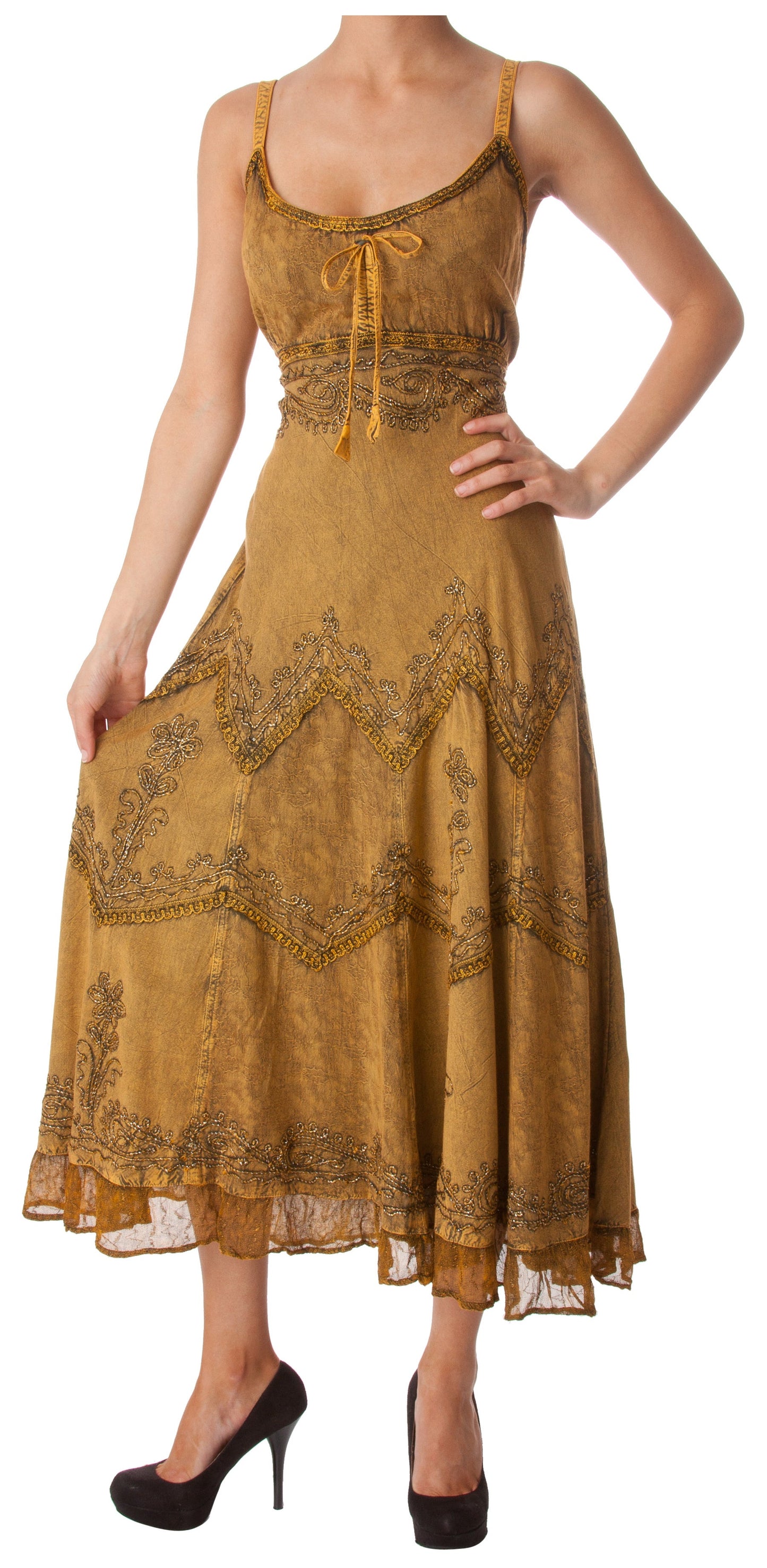 Sakkas Stonewashed Rayon Embroidered Adjustable Spaghetti Straps Long Dress