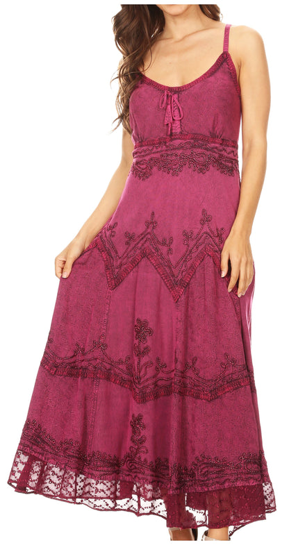 Sakkas Stonewashed Rayon Embroidered Adjustable Spaghetti Straps Long Dress