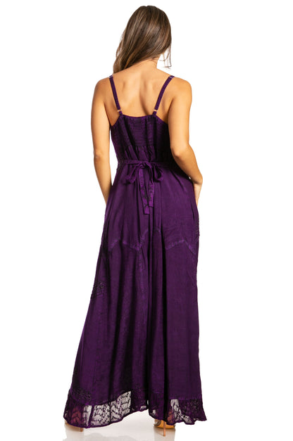 Sakkas Stonewashed Rayon Embroidered Adjustable Spaghetti Straps Long Dress