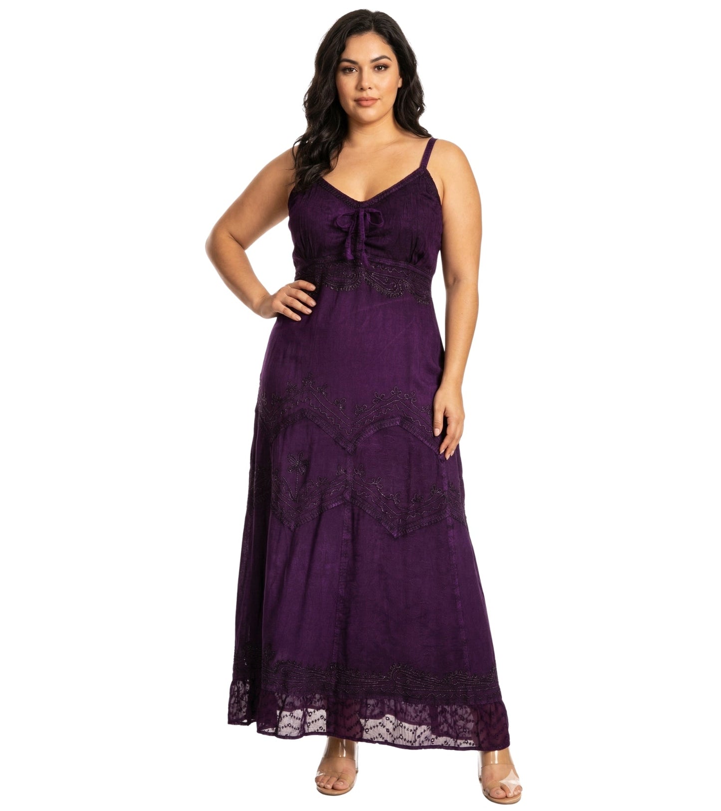 Sakkas Stonewashed Rayon Embroidered Adjustable Spaghetti Straps Long Dress