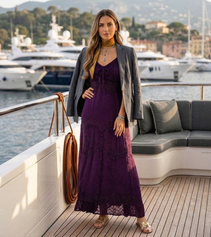 Sakkas Stonewashed Rayon Embroidered Adjustable Spaghetti Straps Long Dress