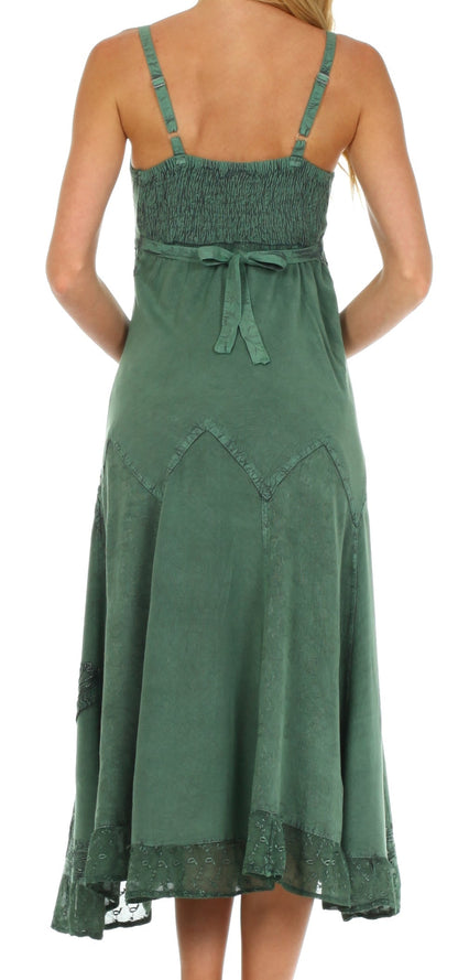 Sakkas Stonewashed Rayon Embroidered Adjustable Spaghetti Straps Long Dress