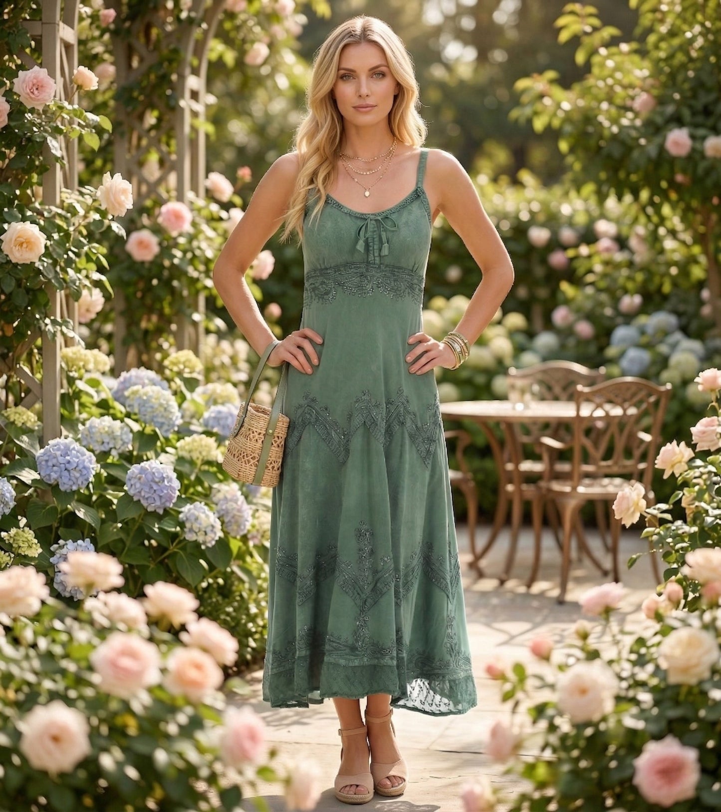Sakkas Stonewashed Rayon Embroidered Adjustable Spaghetti Straps Long Dress