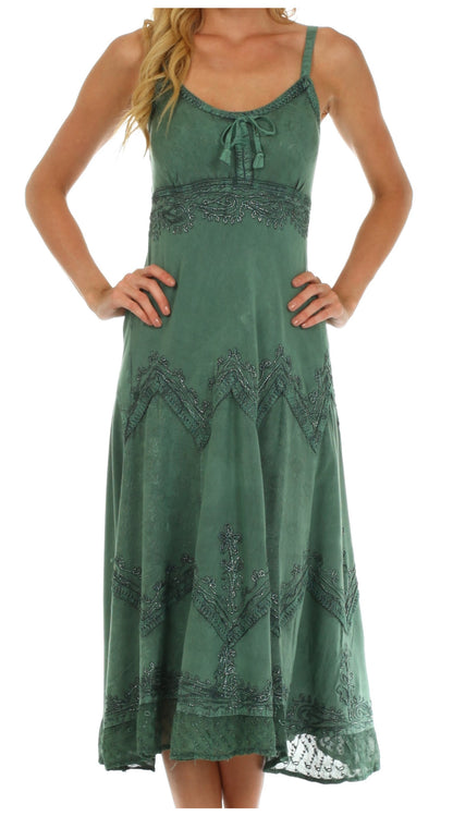 Sakkas Stonewashed Rayon Embroidered Adjustable Spaghetti Straps Long Dress