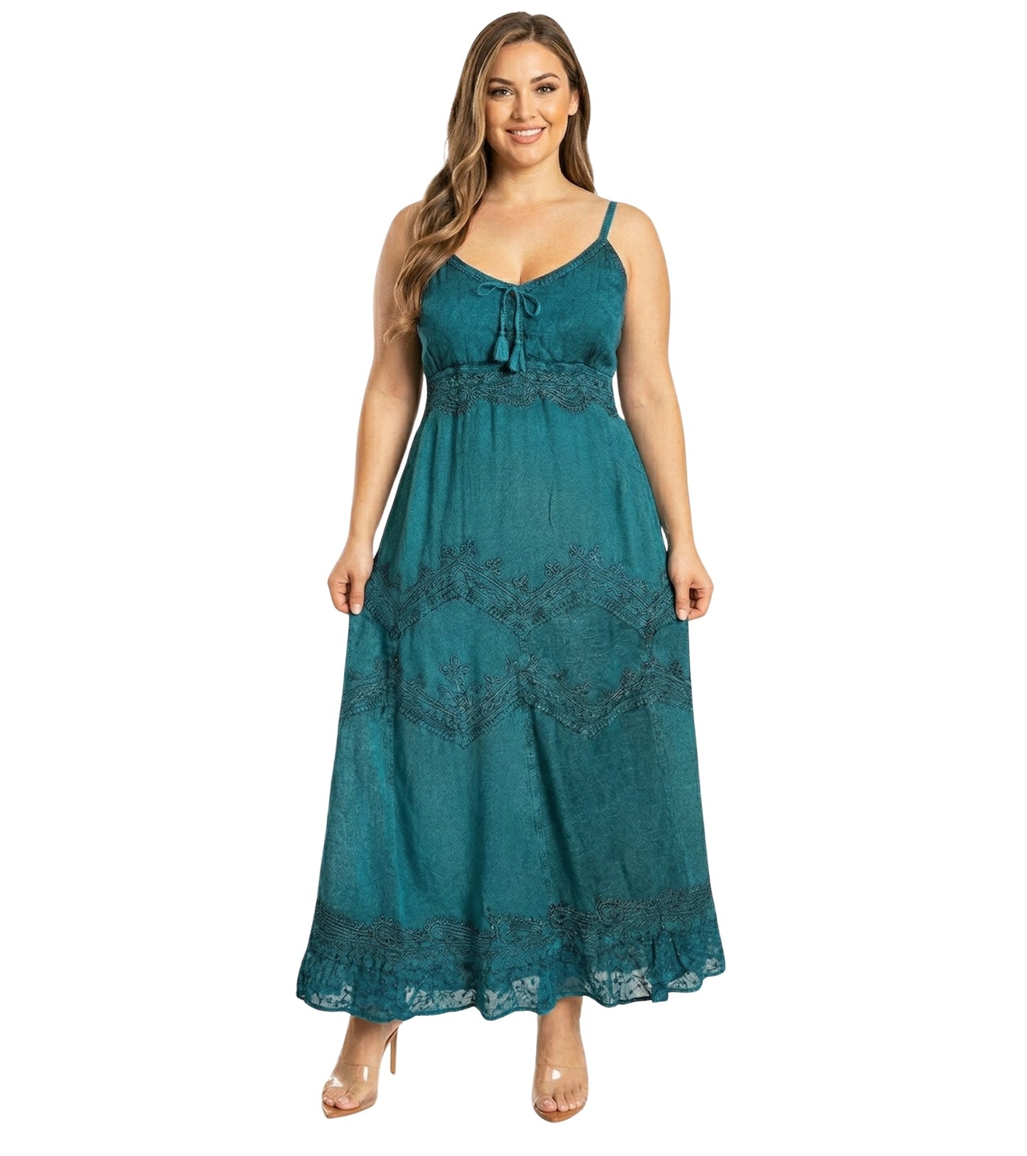 Sakkas Stonewashed Rayon Embroidered Adjustable Spaghetti Straps Long Dress