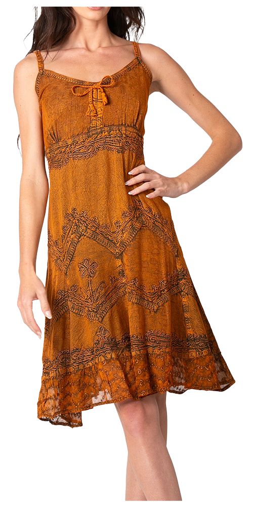 Sakkas Stonewashed Rayon Adjustable Spaghetti Straps Mid Length Dress