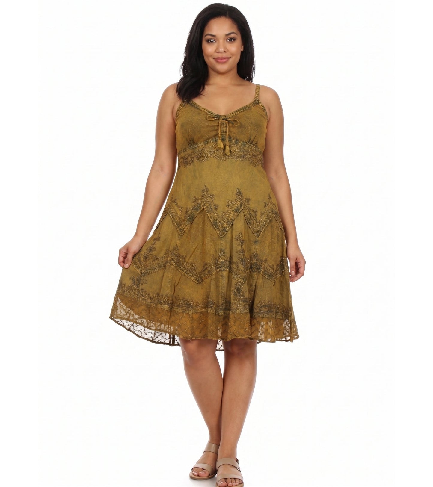 Sakkas Stonewashed Rayon Adjustable Spaghetti Straps Mid Length Dress