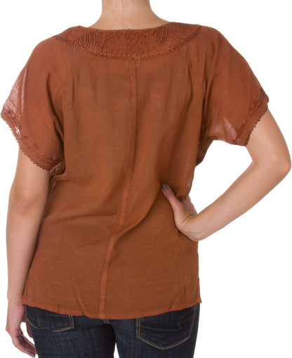 Sakkas Embroidered 100% Cotton Scoop Neck Semi-Sheer Short Sleeve Gauzy Top / Blouse