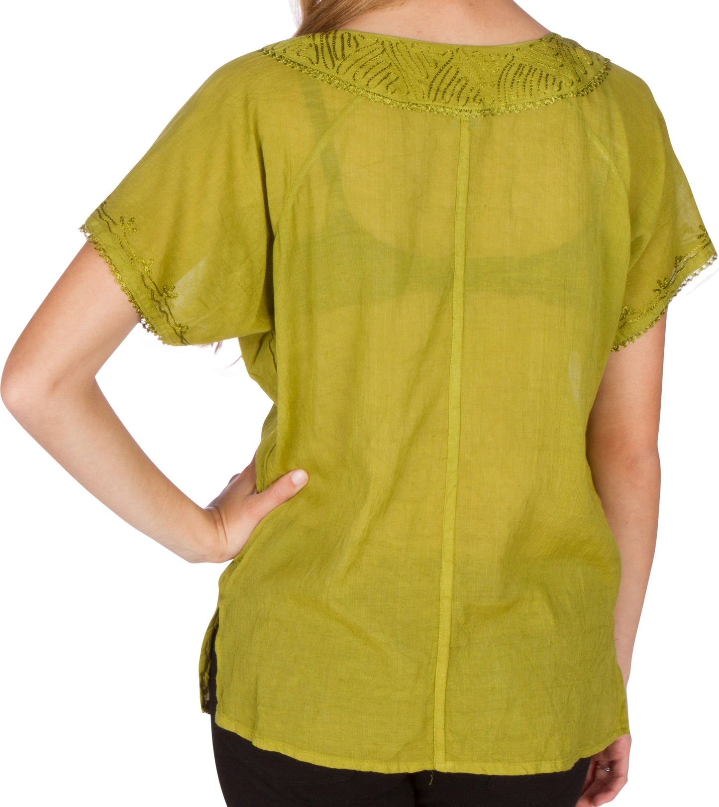 Sakkas Embroidered 100% Cotton Scoop Neck Semi-Sheer Short Sleeve Gauzy Top / Blouse