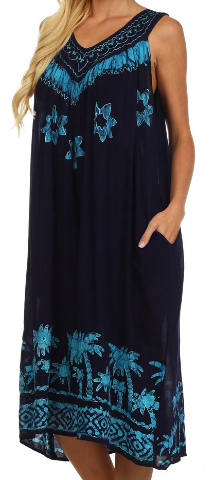 Sakkas Embroidered Palm Tree V-Neck Caftan Cotton Dress