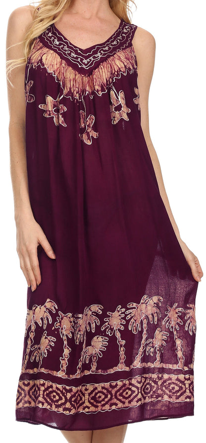Sakkas Embroidered Palm Tree V-Neck Caftan Cotton Dress