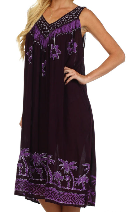 Sakkas Embroidered Palm Tree V-Neck Caftan Cotton Dress