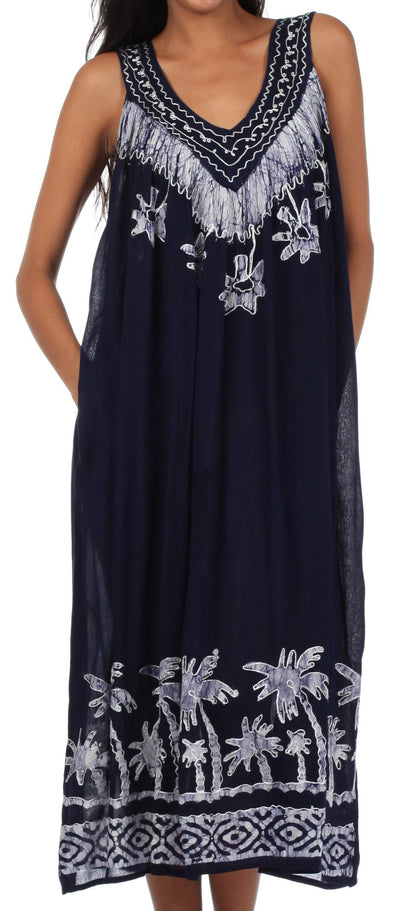 Sakkas Embroidered Palm Tree V-Neck Caftan Cotton Dress