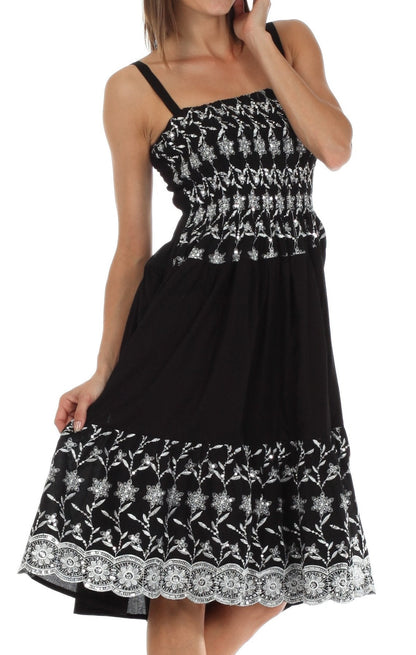 Sakkas Sequin Embroidered Smocked Bodice Knee Length Dress