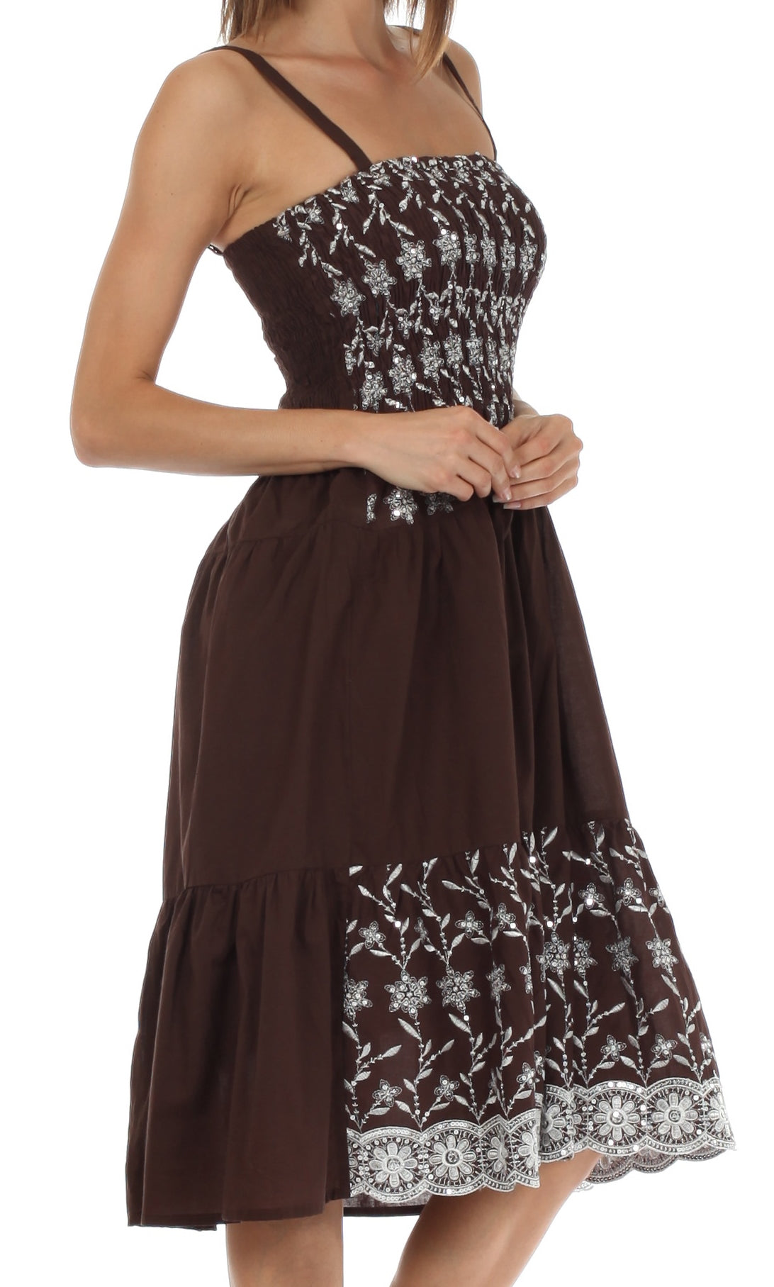 Sakkas Sequin Embroidered Smocked Bodice Knee Length Dress