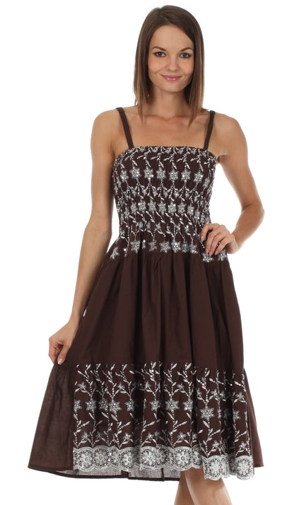 Sakkas Sequin Embroidered Smocked Bodice Knee Length Dress