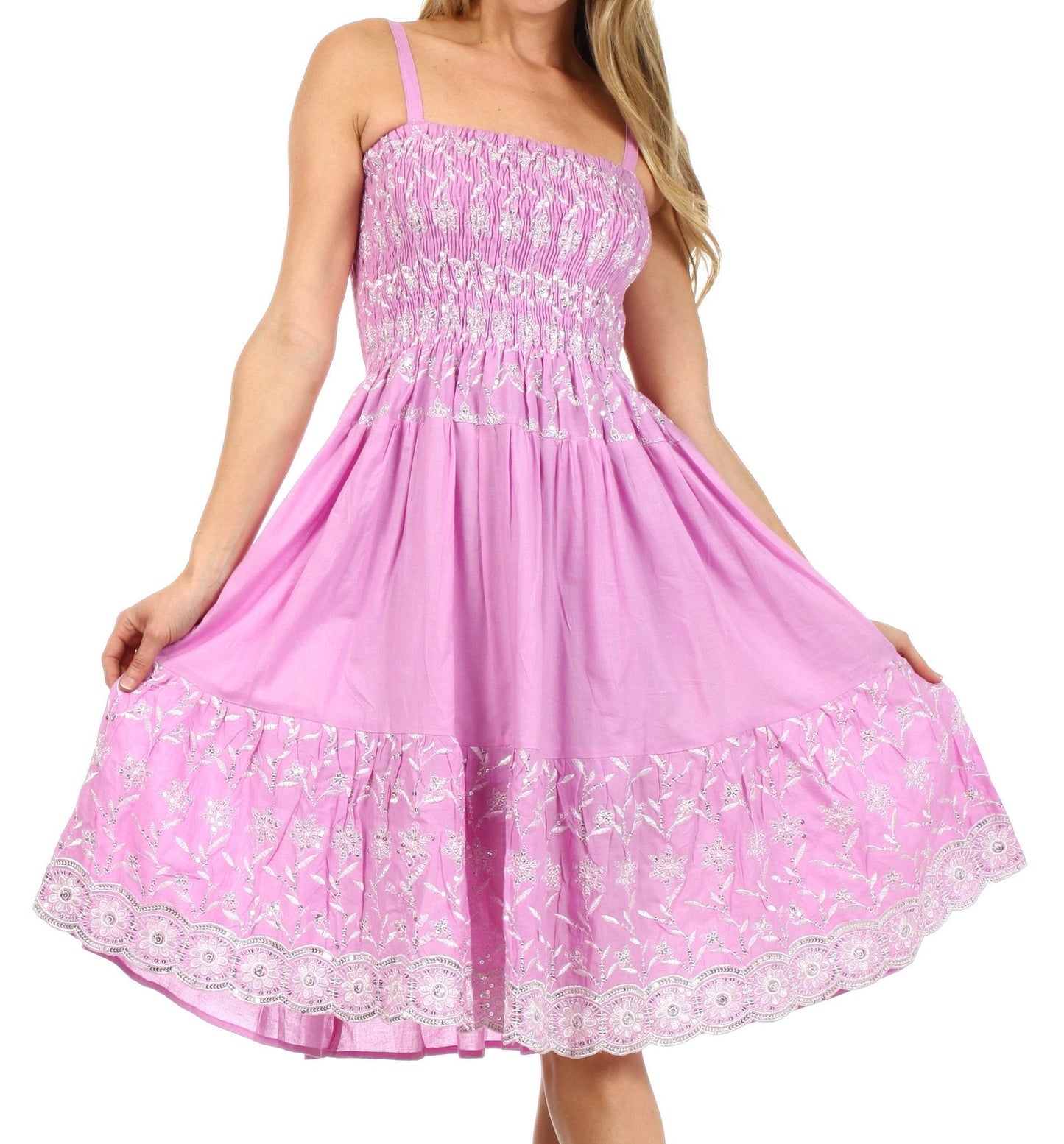 Sakkas Sequin Embroidered Smocked Bodice Knee Length Dress