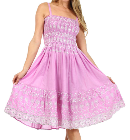 Sakkas Sequin Embroidered Smocked Bodice Knee Length Dress