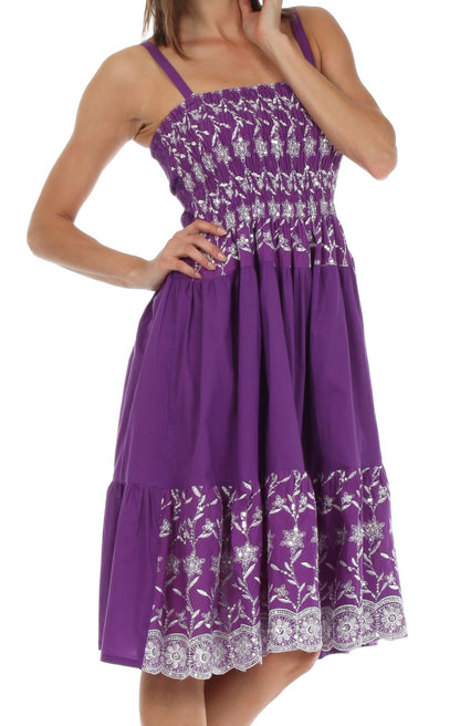 Sakkas Sequin Embroidered Smocked Bodice Knee Length Dress