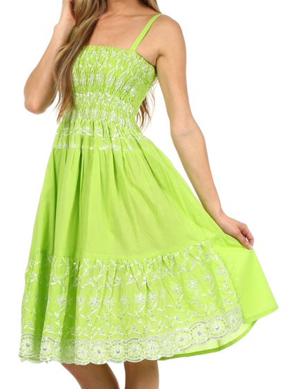 Sakkas Sequin Embroidered Smocked Bodice Knee Length Dress