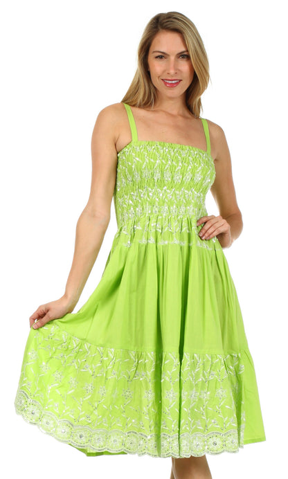 Sakkas Sequin Embroidered Smocked Bodice Knee Length Dress