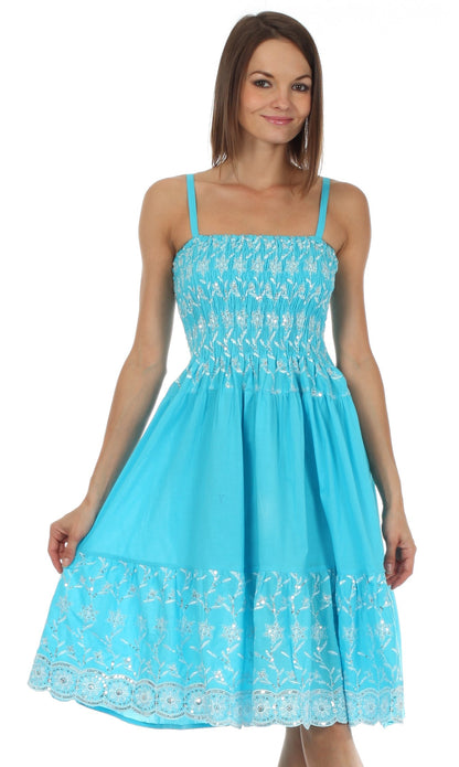 Sakkas Sequin Embroidered Smocked Bodice Knee Length Dress