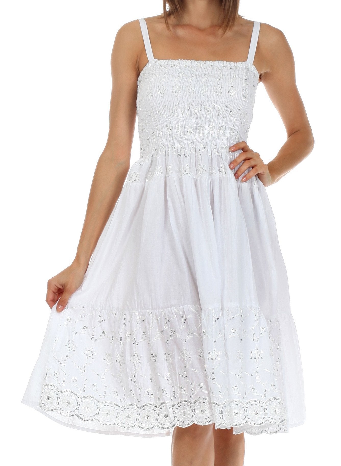Sakkas Sequin Embroidered Smocked Bodice Knee Length Dress