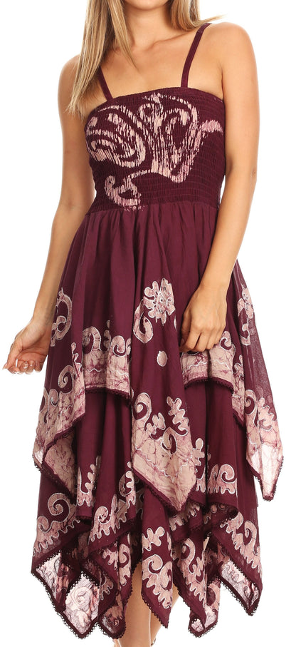 Sakkas Batik Smocked Bodice Handkerchief Hem Dress