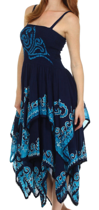 Sakkas Batik Smocked Bodice Handkerchief Hem Dress