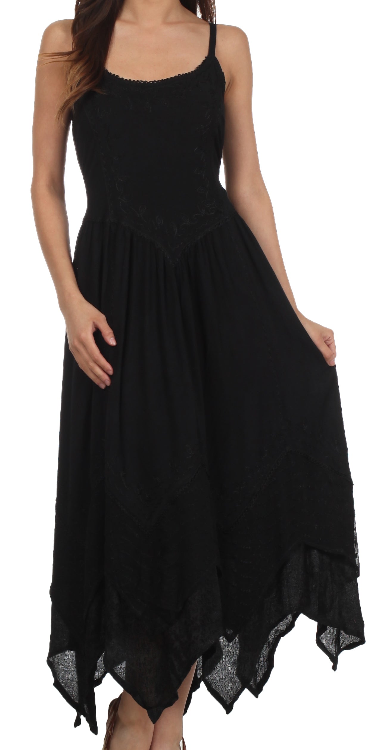Sakkas Rayon Embroidered Stonewashed Adjustable Spaghetti Straps Long Dress