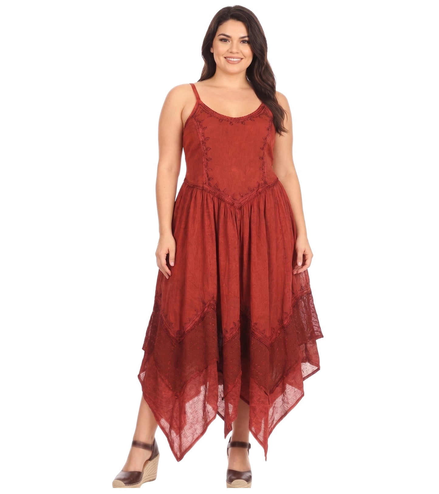 Sakkas Rayon Embroidered Stonewashed Adjustable Spaghetti Straps Long Dress