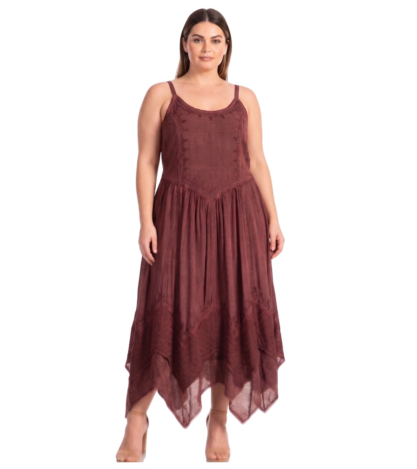 Sakkas Rayon Embroidered Stonewashed Adjustable Spaghetti Straps Long Dress