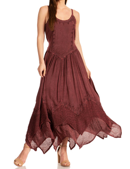 Sakkas Rayon Embroidered Stonewashed Adjustable Spaghetti Straps Long Dress