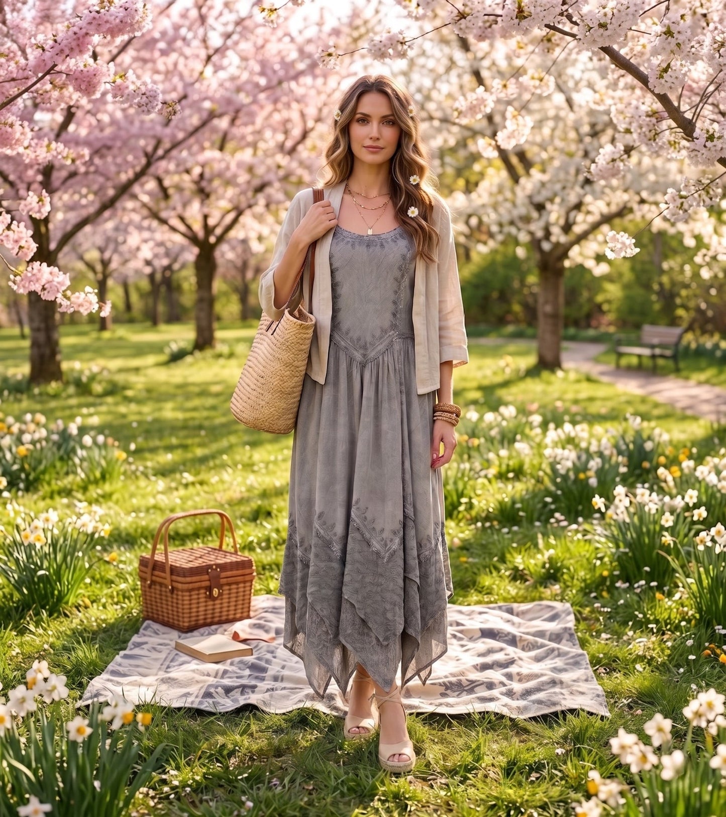 Sakkas Rayon Embroidered Stonewashed Adjustable Spaghetti Straps Long Dress