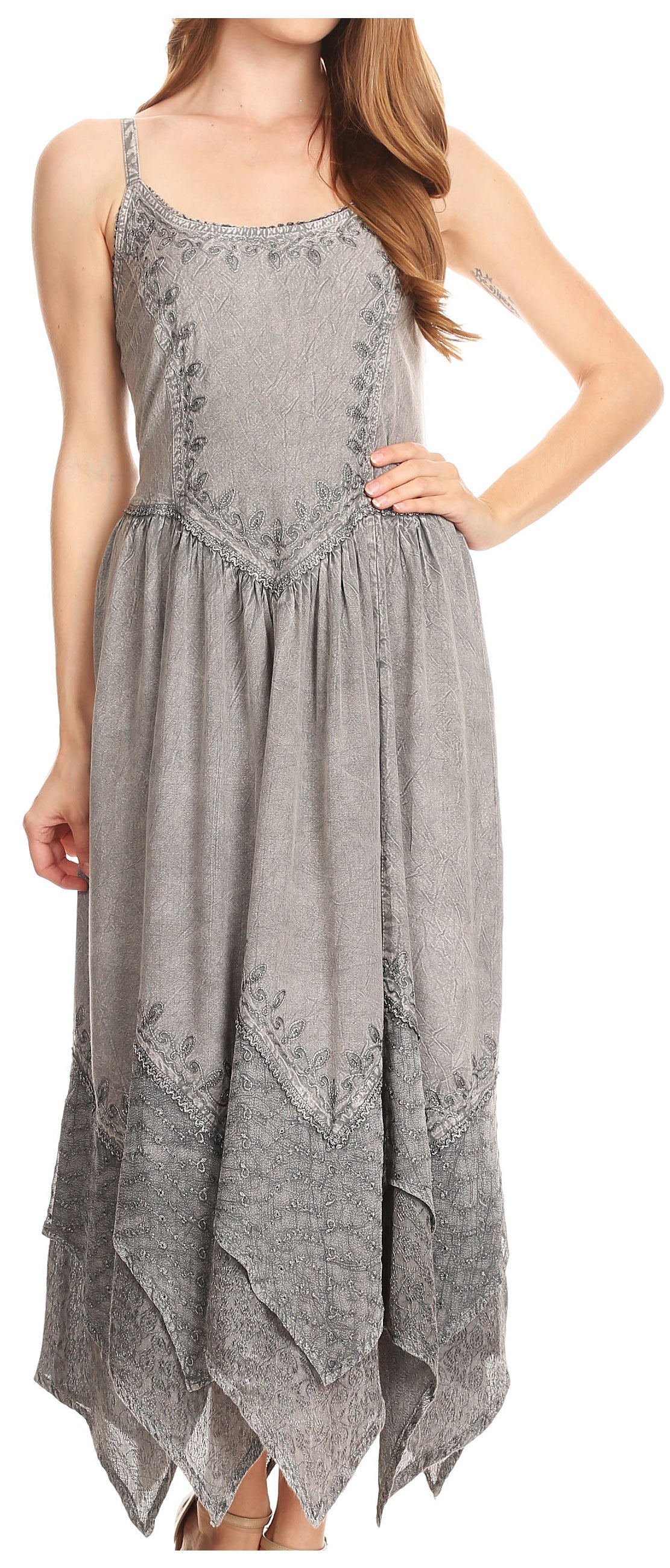 Sakkas Rayon Embroidered Stonewashed Adjustable Spaghetti Straps Long Dress
