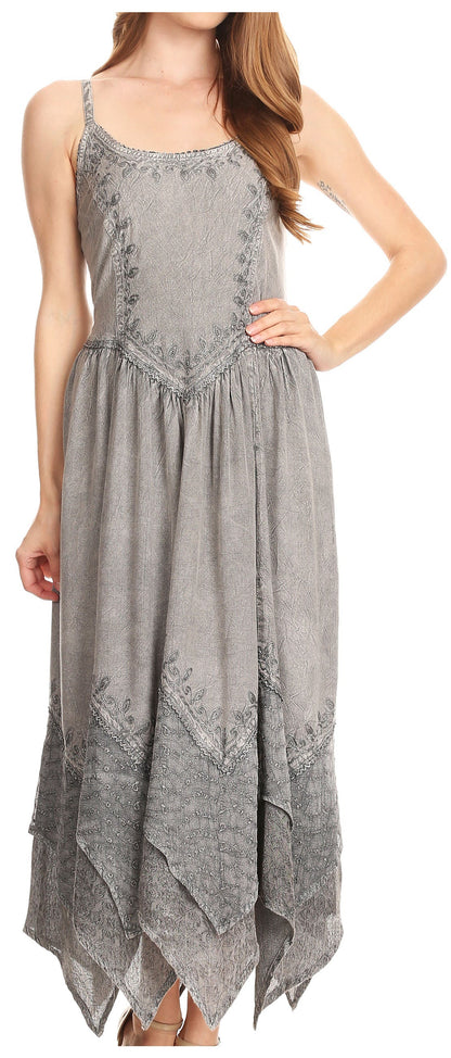 Sakkas Rayon Embroidered Stonewashed Adjustable Spaghetti Straps Long Dress