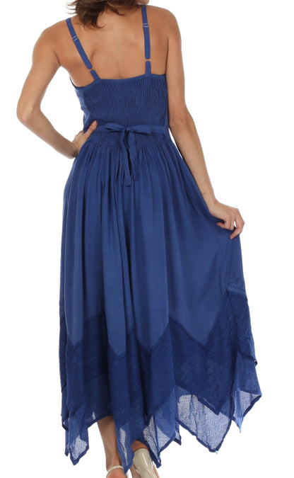 Sakkas Rayon Embroidered Stonewashed Adjustable Spaghetti Straps Long Dress